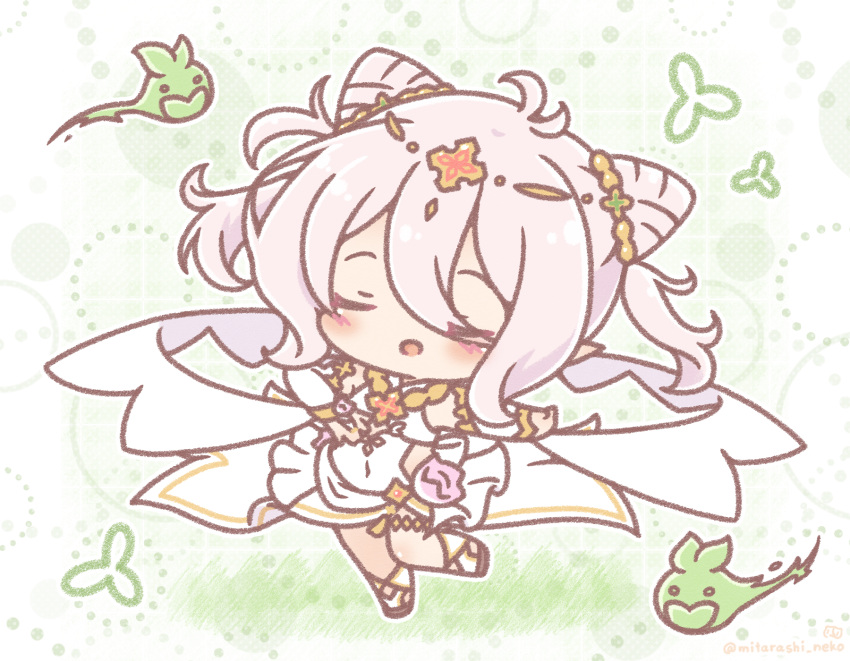 1girl, :d, blush, bridal_gauntlets, chibi, closed_eyes, colored_shadow, commentary_request, cone_hair_bun, covered_navel, dress, eyes_visible_through_hair, grey_hair, hair_bun, highres, kokkoro_(ceremonial)_(princess_connect!), kokkoro_(princess_connect!), mitarashi_neko, princess_connect!, shadow, smile, solo, standing, standing_on_one_leg, twintails, white_dress