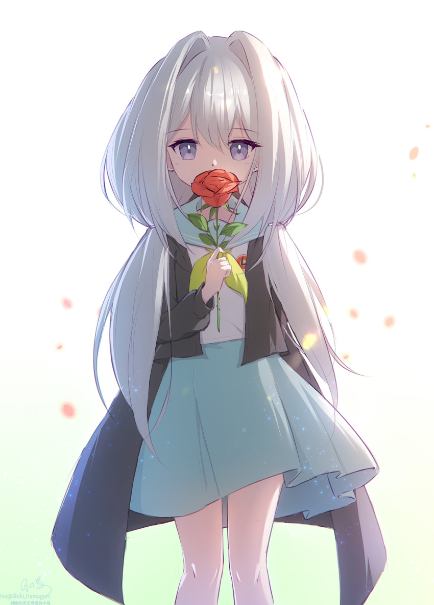 1girl, black_jacket, blue_sailor_collar, blue_skirt, commentary, covering_own_mouth, eyelashes, feet_out_of_frame