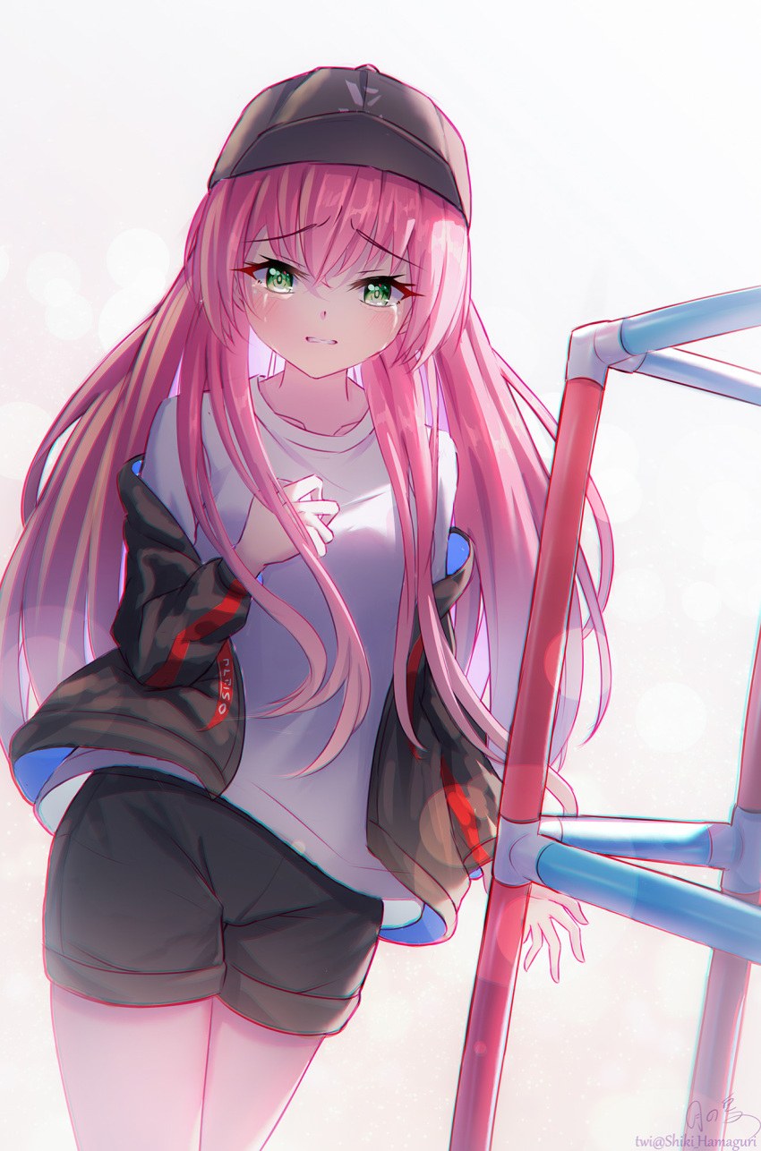 1girl, aikawa_megumi, aikawa_megumi_(casual), baseball_cap, black_jacket, black_shorts, blush, clenched_hand