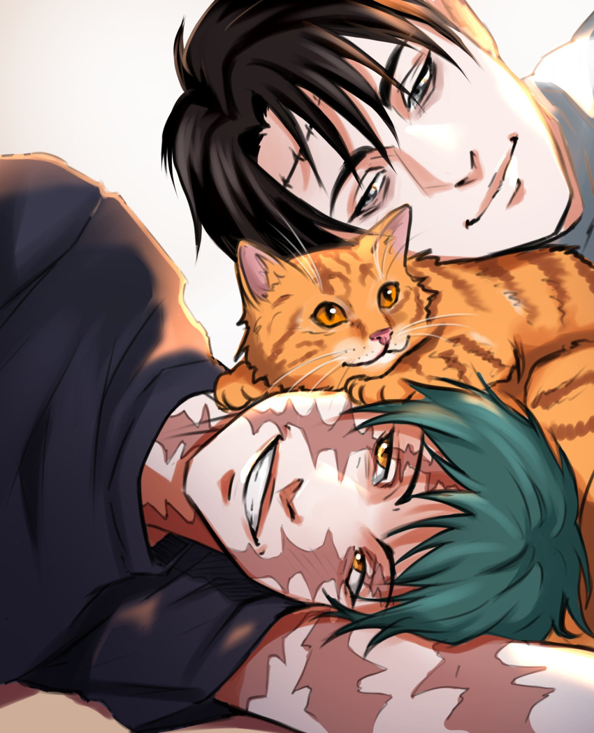 1boy, 1girl, cat, commentary, couple, english_commentary, glasses, green_hair