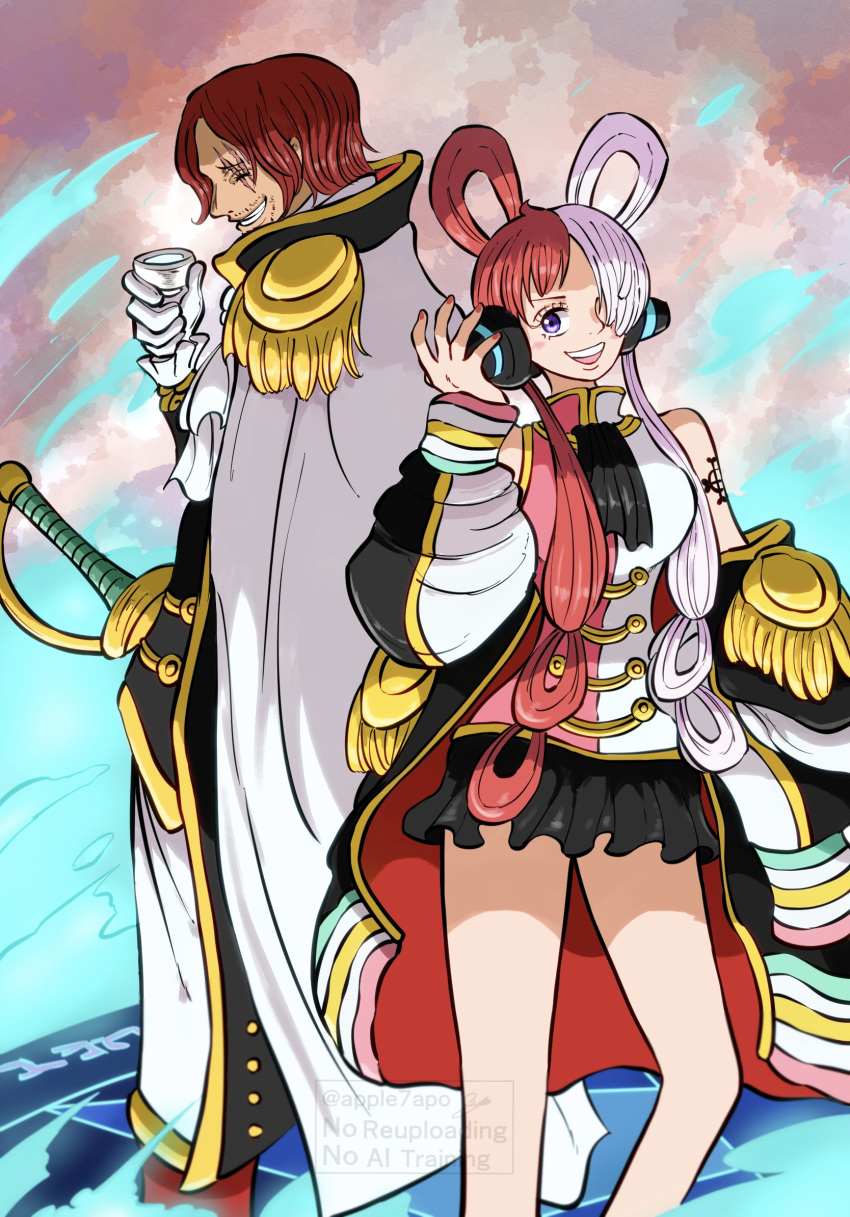 1boy, 1girl, alternate_costume, apple7apo, arm_tattoo, ascot, back-to-back, bare_legs