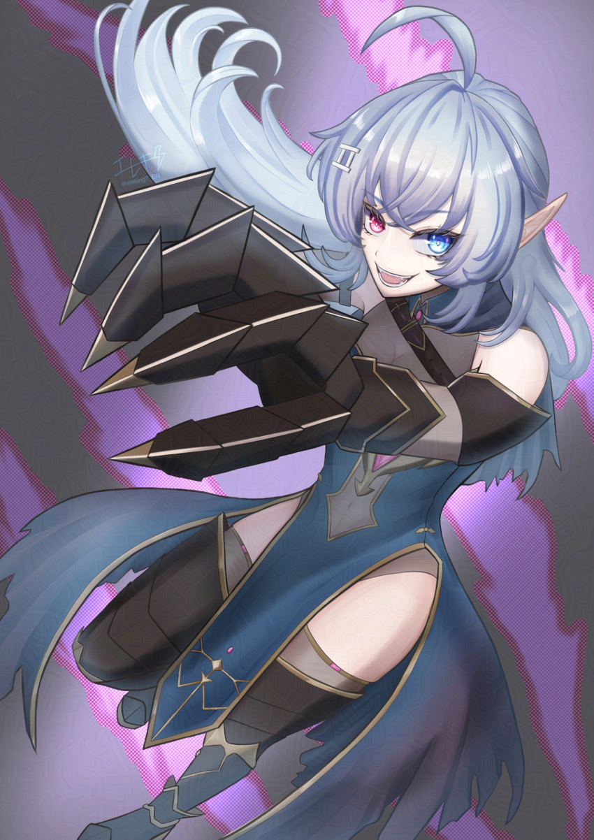 1girl, ahoge, black_gauntlets, blue_dress, blue_eyes, clawed_gauntlets, commentary_request, dress