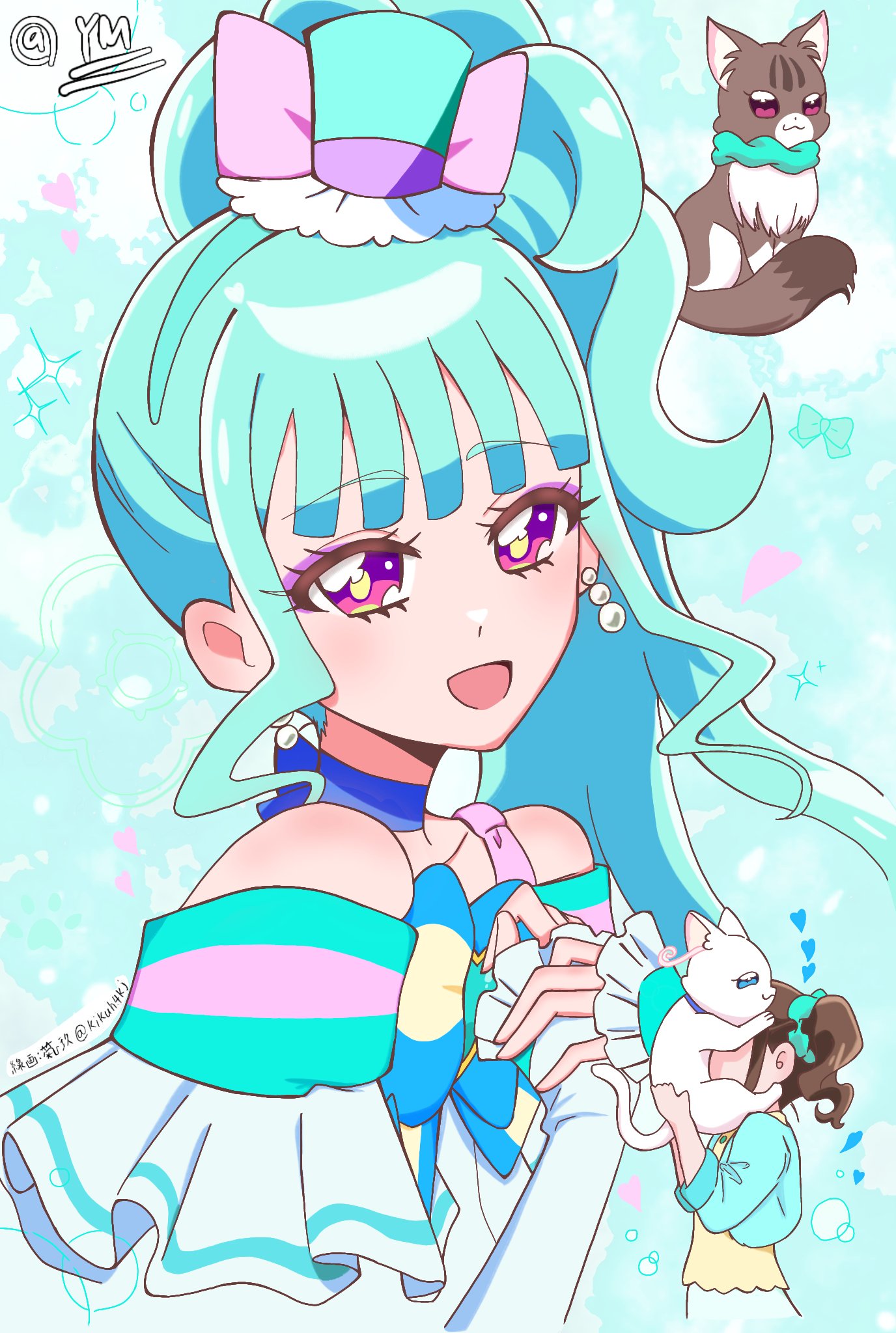2girls, @est@, aqua_hat, aqua_scrunchie, blue_crown, bow, brooch, brown_hair