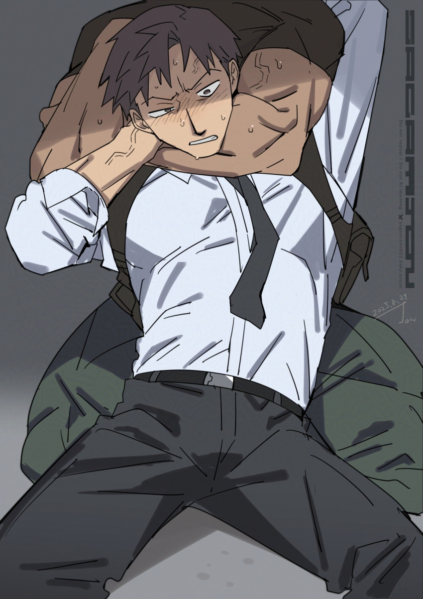 belt, biceps, black_necktie, black_pants, black_shirt, brown_hair, chest_holster, clenched_teeth, dated, green_pants, grey_background, half-closed_eye, headlock, highres, male_focus, muscular_arms, necktie, original, pants, sagami_jon, shirt, signature, strangling, sweat, teeth, thick_thighs, thighs, veins, veiny_arms, veiny_head, violence, white_shirt
