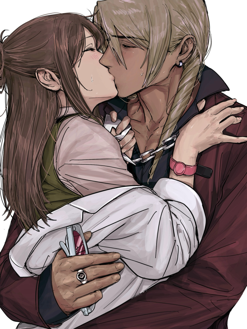 1boy, 1girl, ace_attorney, amikoiiko, apollo_justice:_ace_attorney, black_shirt, blonde_hair, blush