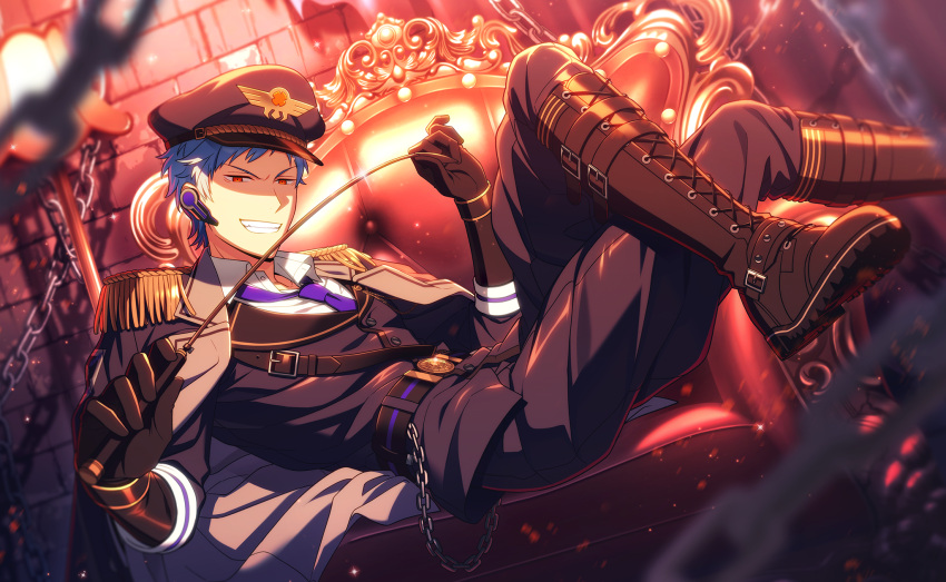1boy, asch_albright, belt, black_gloves, boots, chain, collared_shirt, epaulettes