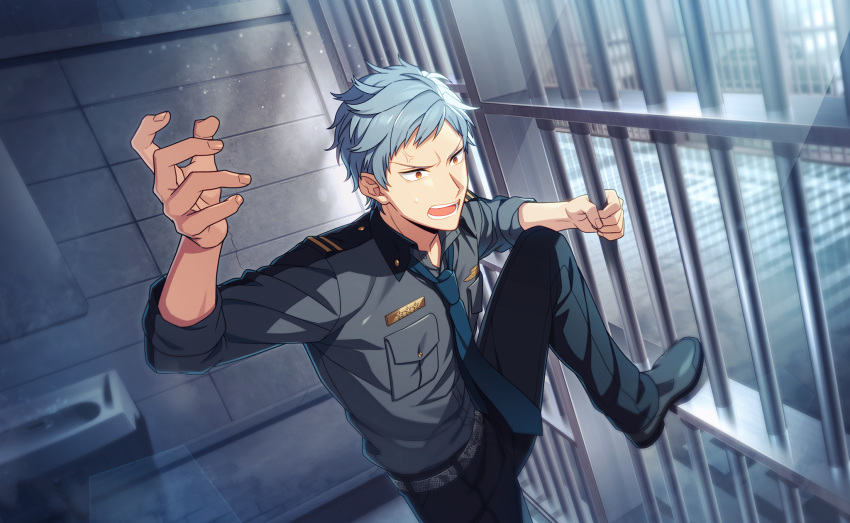 1boy, asch_albright, belt, black_pants, blue_necktie, breast_pocket, collared_shirt, fingernails