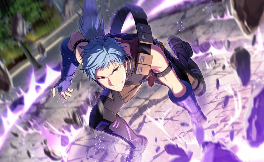 1boy, asch_albright, boots, fingerless_gloves, gloves, grey_hair, grin, helios_rising_heroes