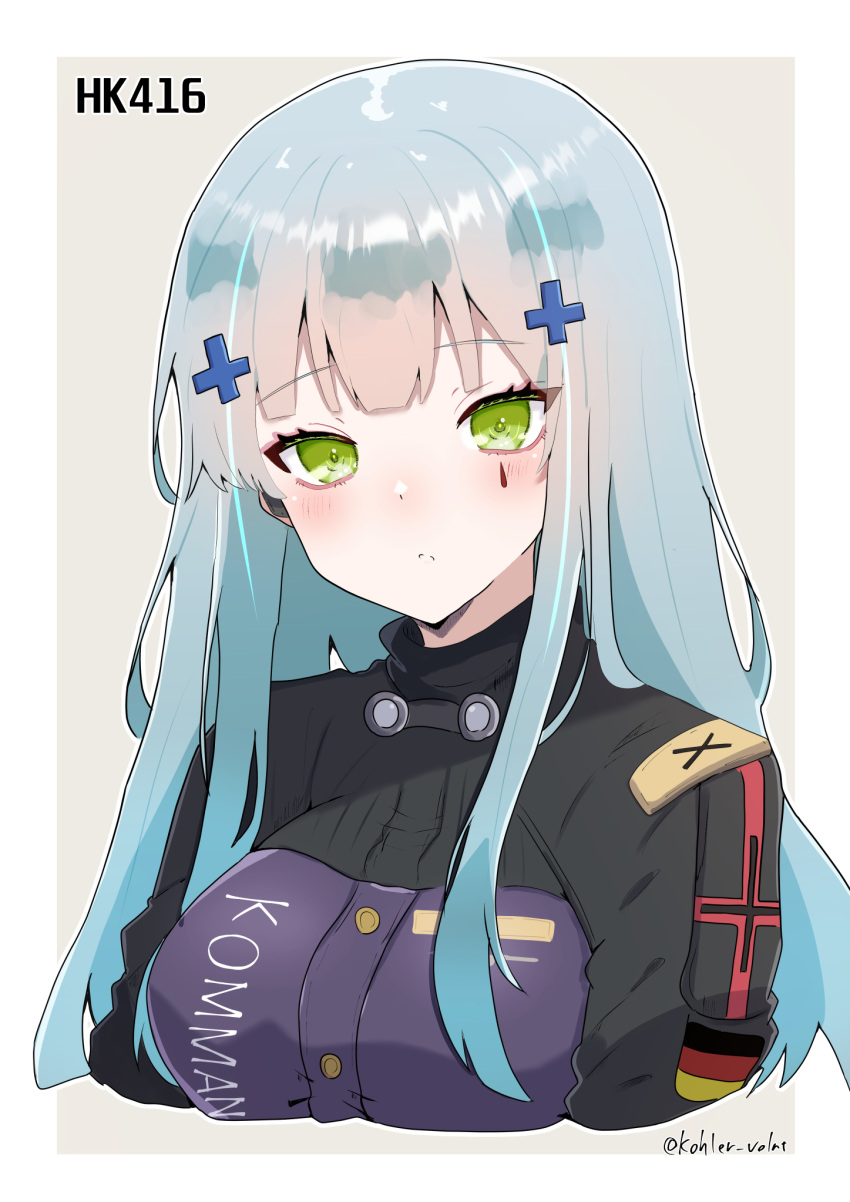 1girl, blue_hair, blush, breasts, character_name, commentary_request, cross, expressionless