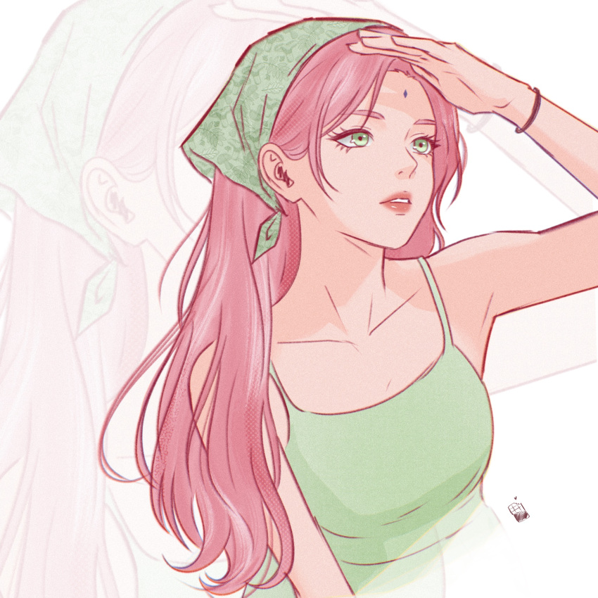 1girl, artist_logo, bracelet, breasts, chococurrent, collarbone, commentary, facial_mark