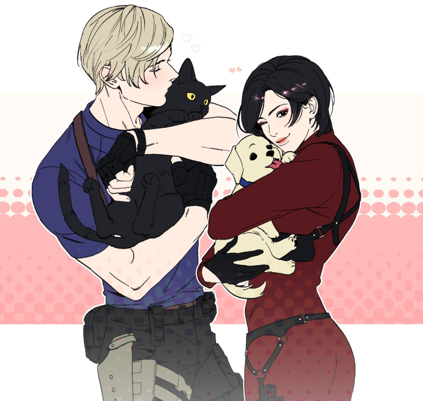 1boy, 1girl, ada_wong, animal, black_cat, black_eyes, black_hair, blonde_hair