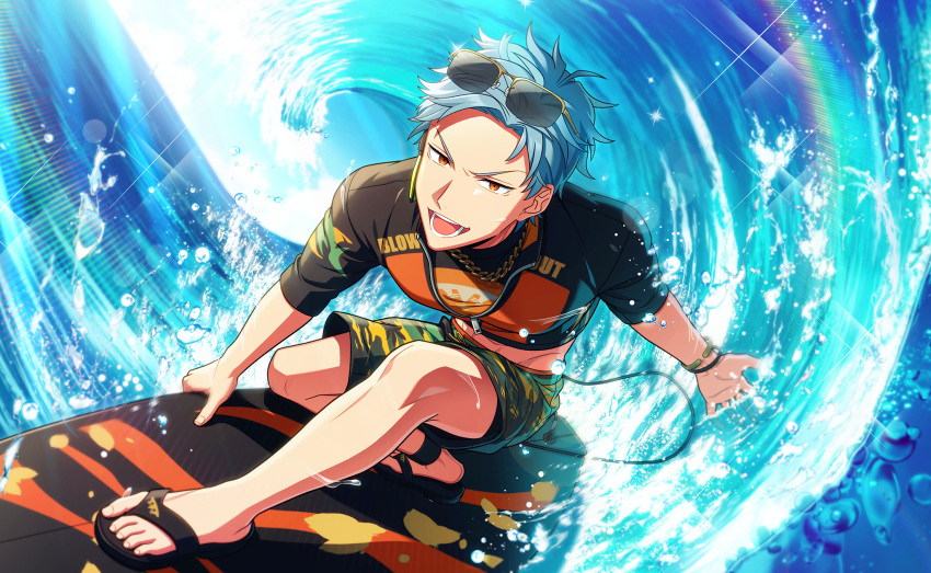 1boy, asch_albright, bracelet, eyewear_on_head, fingernails, grey_hair, helios_rising_heroes, highres
