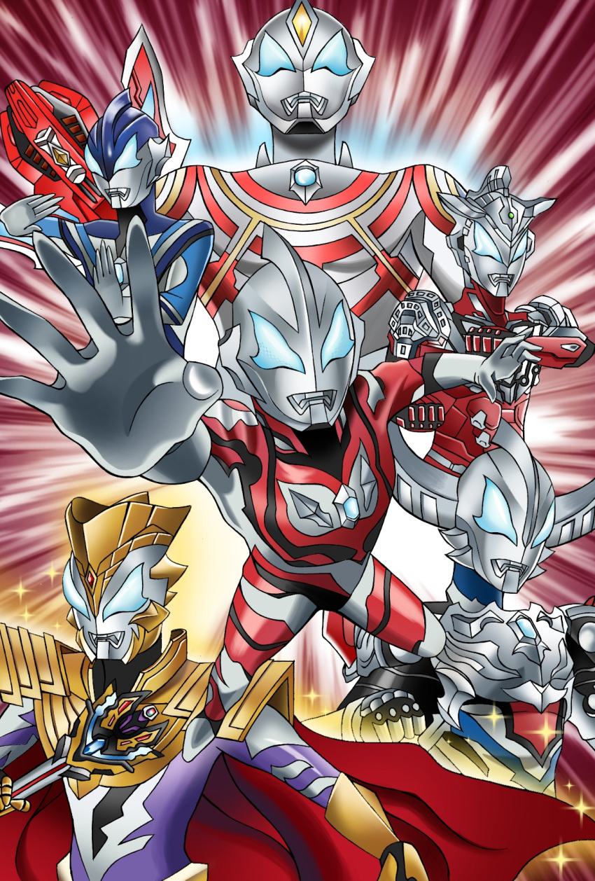 1boy, alien, armor, belt, black_skin, blue_eyes, blue_skin, character_request, chest_guard, color_timer, colored_skin, commentary_request, dorsal_fin, eye_slugger, forehead_jewel, gauntlets, gem, gold_armor, gold_belt, gold_cape, highres, holding, holding_weapon, horns, king_sword, looking_at_viewer, male_focus, multicolored_skin, no_pupils, pectorals, raina_(14758801), red_gem, red_skin, shin_guards, shoulder_armor, shoulder_spikes, silver_skin, solo, spiked_gauntlets, spikes, studded_armor, sword, tokusatsu, ultra_series, ultraman_geed, ultraman_geed_(acro_smasher), ultraman_geed_(magnificent), ultraman_geed_(primitive), ultraman_geed_(royal_megamaster), ultraman_geed_(series), ultraman_geed_(ultimate_final), weapon, wrinkled_skin