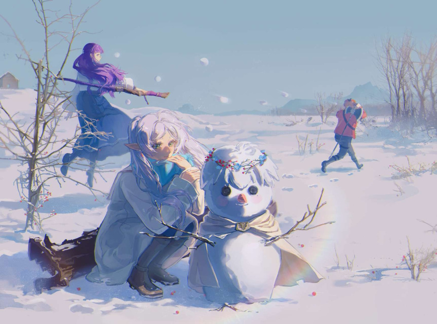 1boy, 2girls, axe, bare_tree, battle_axe, black_skirt, blue_scarf, boots