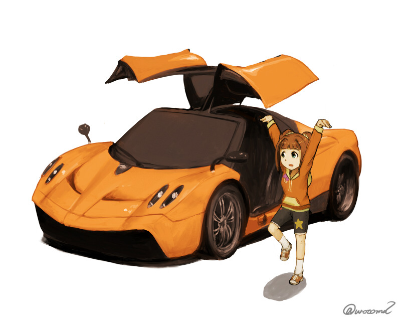 1girl, arms_up, brown_hair, car, commentary_request, green_eyes, hood, hoodie
