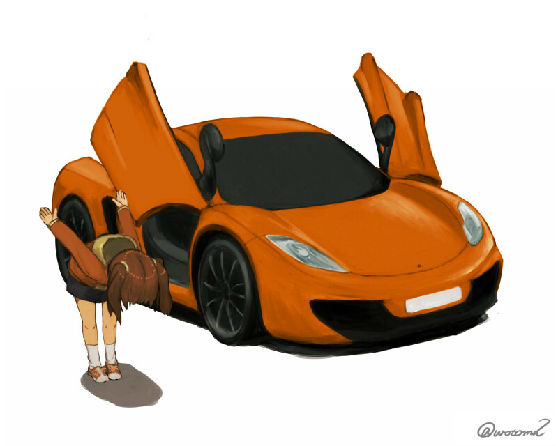 1girl, bent_over, brown_hair, car, commentary_request, hood, hoodie, idolmaster