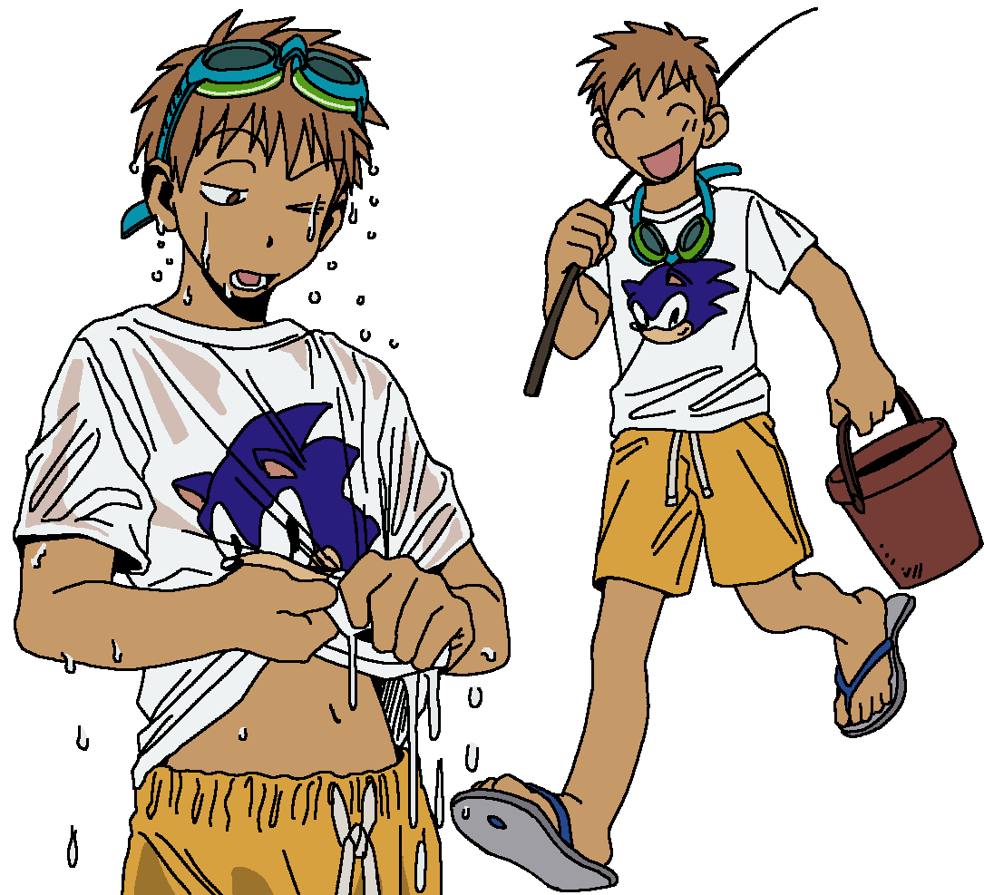 1boy, brown_hair, bucket, clothes_lift, flip-flops, full_body, goggles, gyoi_0_0