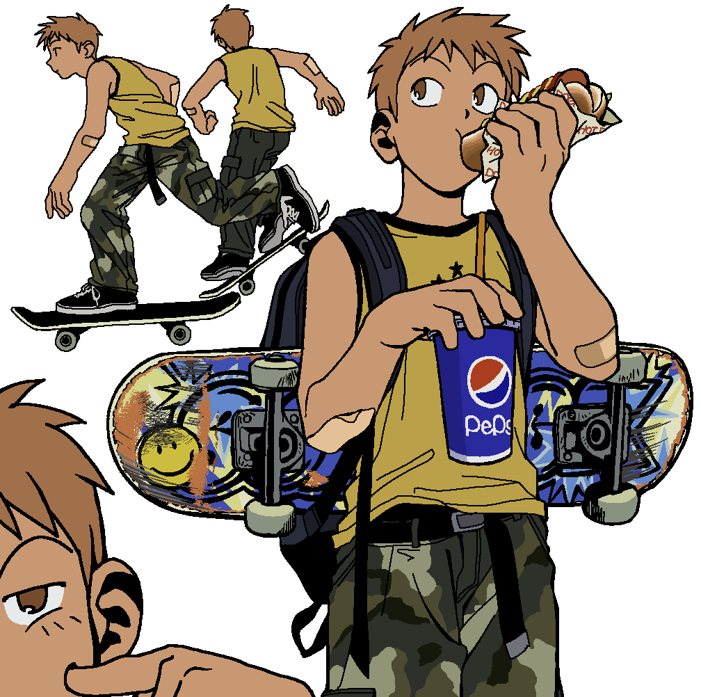 1boy, backpack, bag, bandaid, bandaid_on_arm, brown_eyes, brown_hair, camouflage