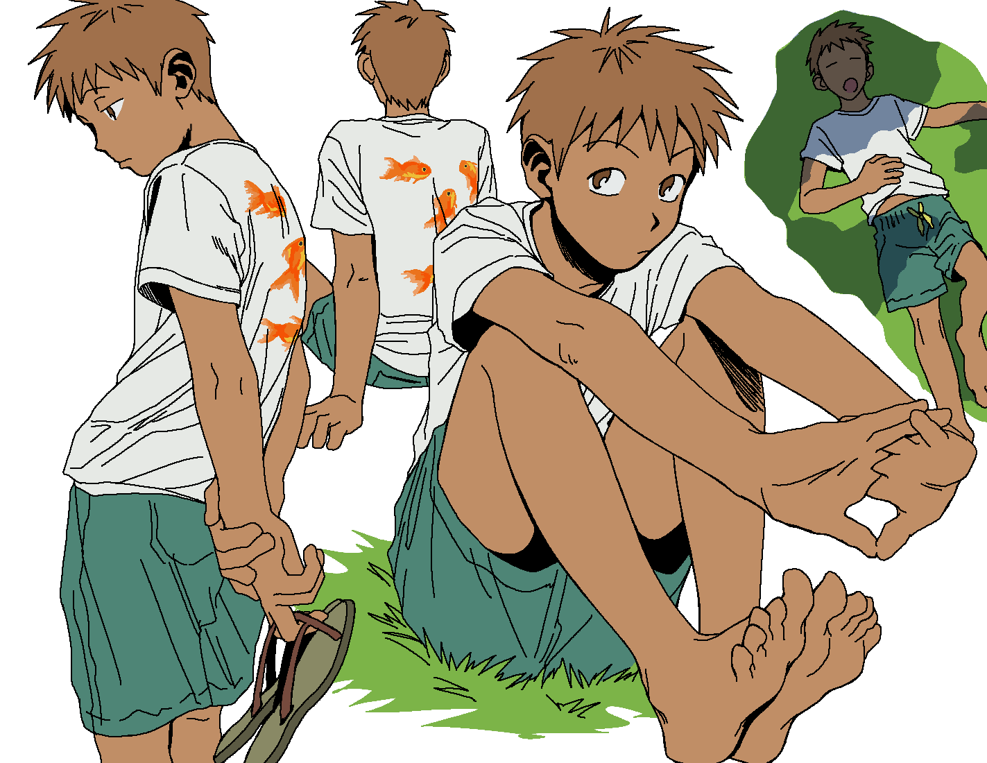 1boy, animal_print, barefoot, brown_eyes, brown_hair, fish_print, full_body, grass