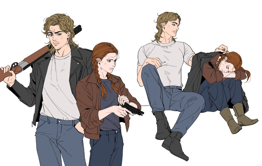 1boy, 1girl, animification, billy_hargrove, black_boots, black_jacket, blonde_hair, blue_pants