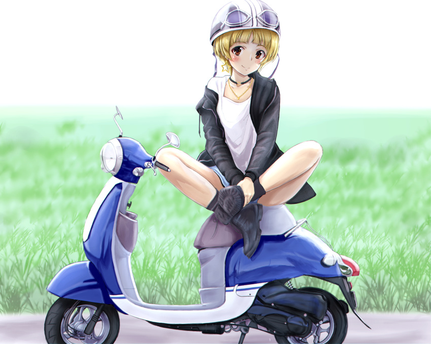 1girl, absurdres, black_jacket, black_shoes, blonde_hair, blush, brown_eyes, closed_mouth