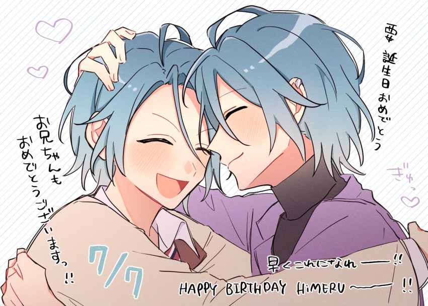 2boys, black_shirt, blue_hair, blush, brothers, brown_jacket, character_name, closed_eyes