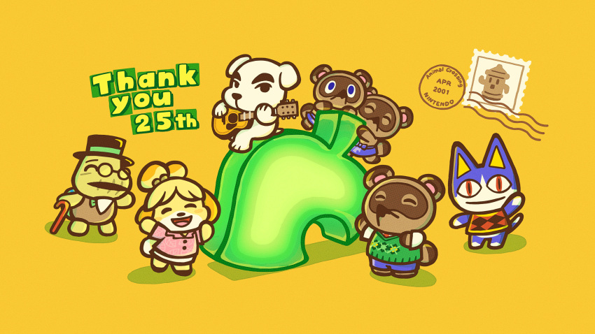 1girl, 2001, 6+boys, absurdres, animal_crossing, anniversary, apron, black_apron