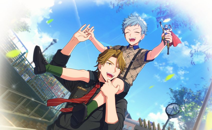 2boys, aged_down, asch_albright, brown_eyes, brown_hair, carrying, collared_shirt, fingernails