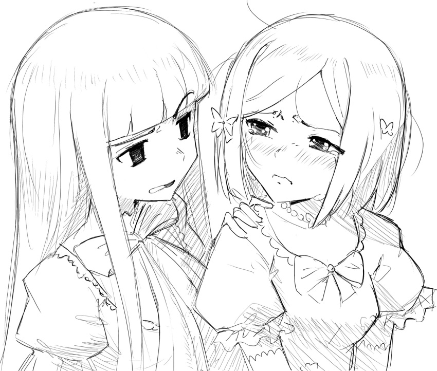 2girls, blunt_bangs, bow, bowtie, butterfly_hair_ornament, commentary, dress, english_commentary