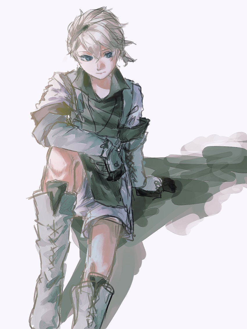 1boy, boots, closed_mouth, commentary_request, double-parted_bangs, gloves, grey_boots, grey_eyes