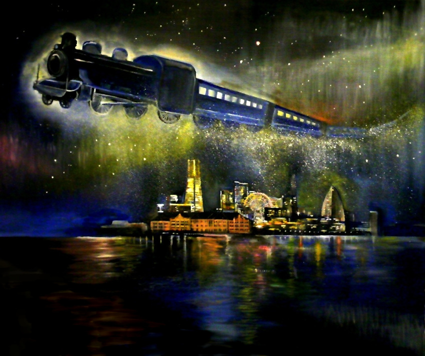 aura, aurora, city, city_lights, cityscape, ferris_wheel, ginga_tetsudou_no_yoru, locomotive, night, night_on_the_galactic_railroad, night_sky, no_humans, ocean, oil_painting_(medium), reflection, scenery, sky, star_(sky), starry_sky, steam_locomotive, traditional_media