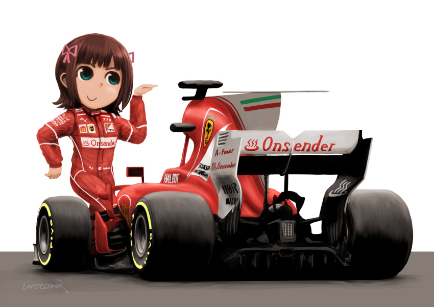 1girl, amami_haruka, brown_hair, car, closed_mouth, clothes_writing, commentary_request, deformed