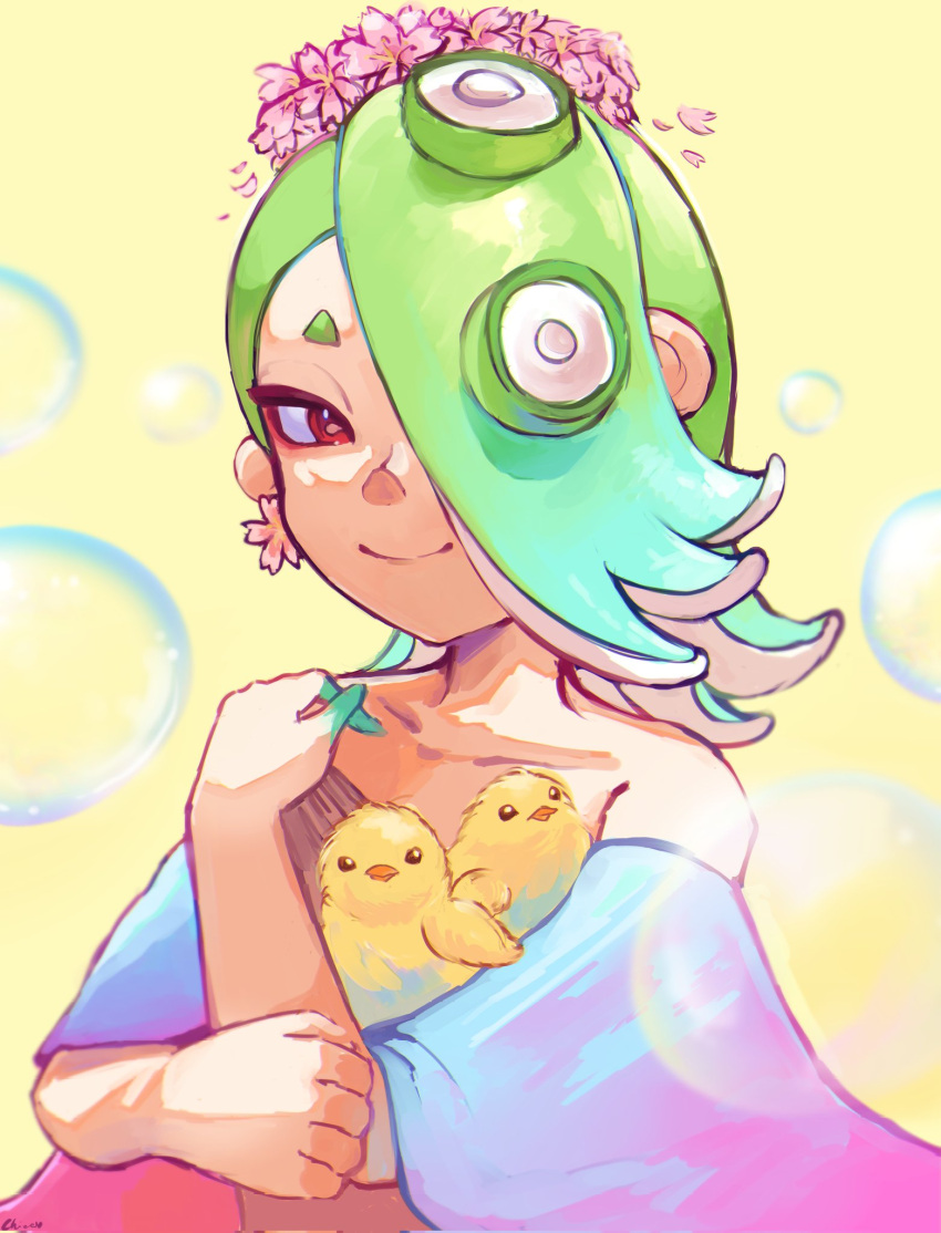 1girl, aqua_hair, baby_animal, bare_shoulders, bird, blue_shawl, cephalopod_eyes, chia_cihain