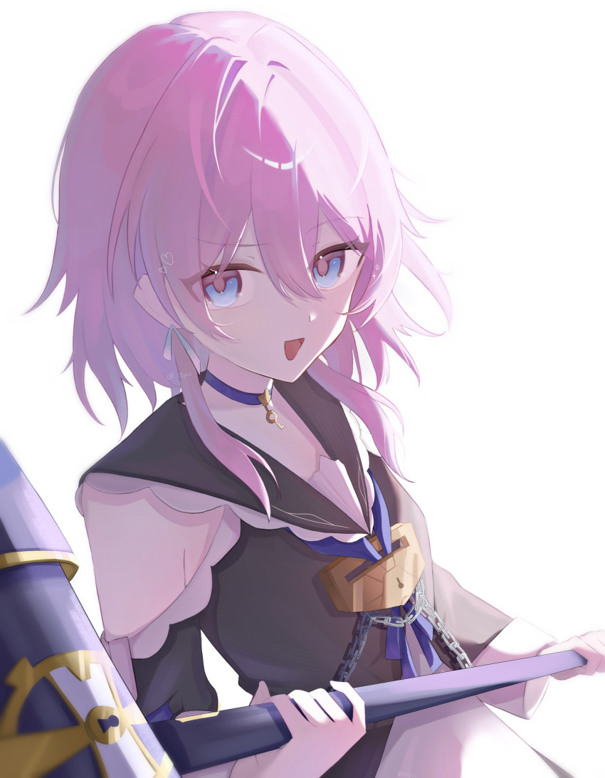 1girl, absurdres, black_dress, blue_eyes, borrowed_weapon, choker, clothing_cutout, commentary_request