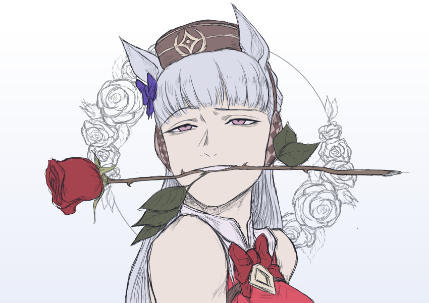 1girl, absurdres, animal_ears, blunt_bangs, brown_hat, collared_dress, commentary, dress