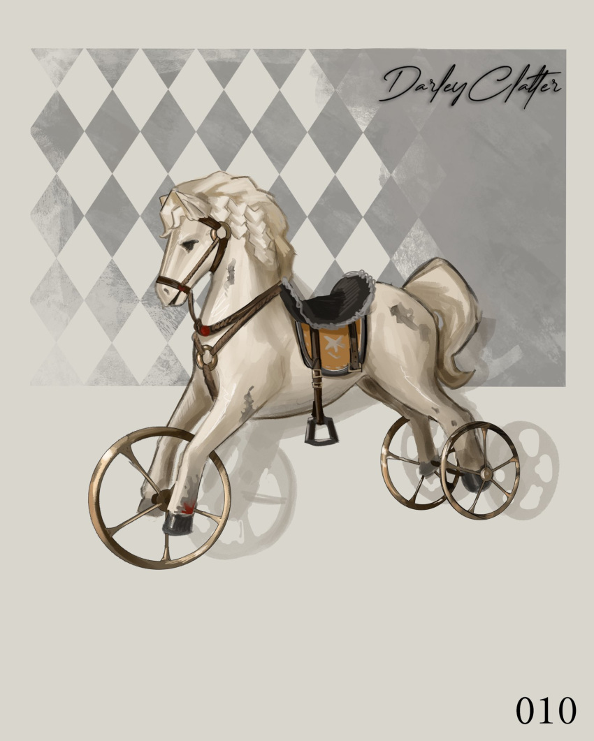 argyle_background, bridle, character_signature, darley_clatter, fragrance_(freakyduck9000), grey_background, highres, no_humans