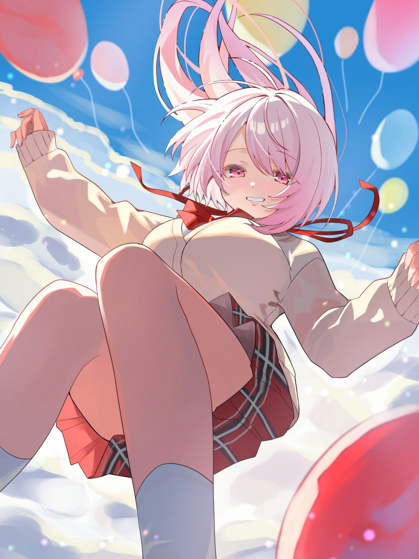 1girl, absurdres, balloon, blue_sky, blush, bow, bowtie, breasts