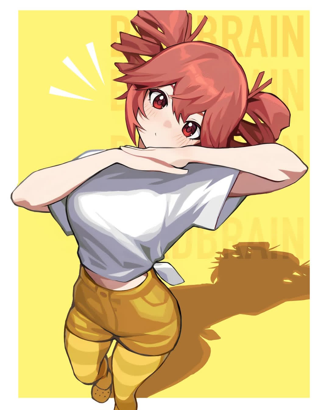 1girl, arms_up, birdbrain_(synthesizer_v), crocs, drill_hair, full_body, highres, kasane_teto