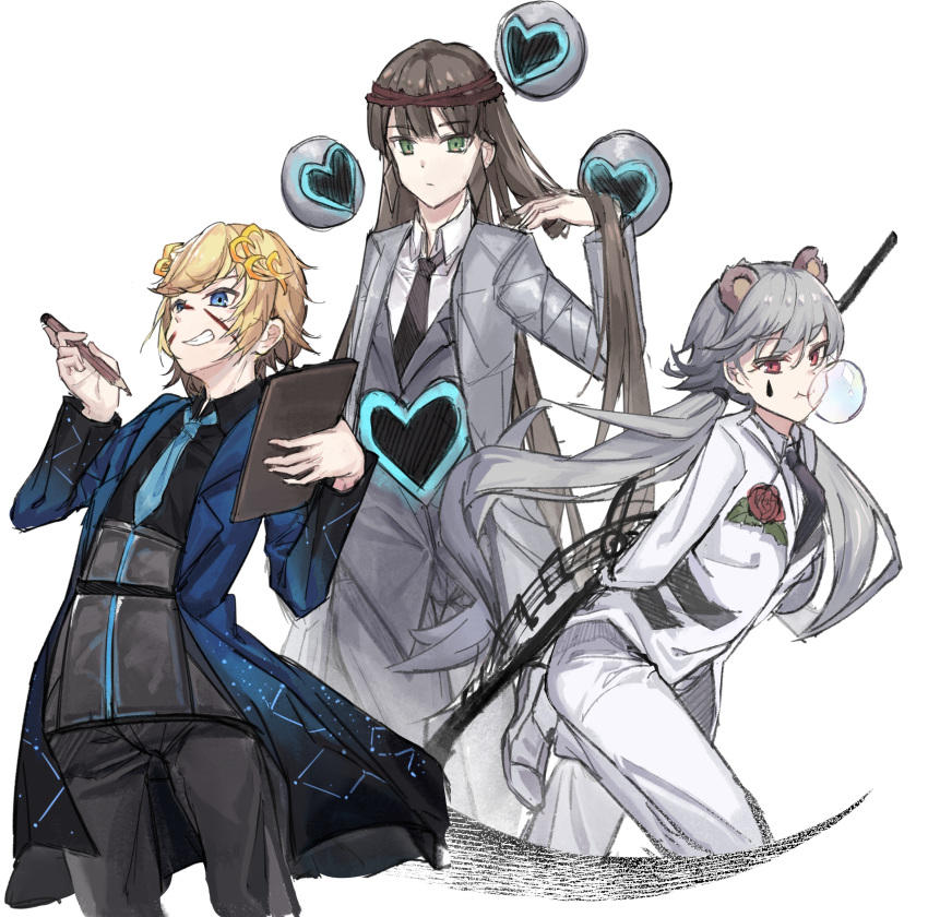 3others, absurdres, animal_ears, black_necktie, black_pants, blue_coat, blue_eyes, blue_necktie