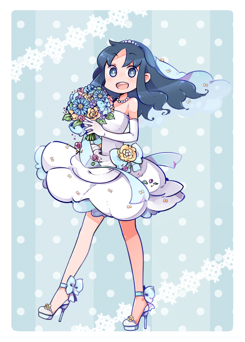 bare_shoulders, blue_eyes, blue_hair, bouquet, dress, elbow_gloves, flower, gloves