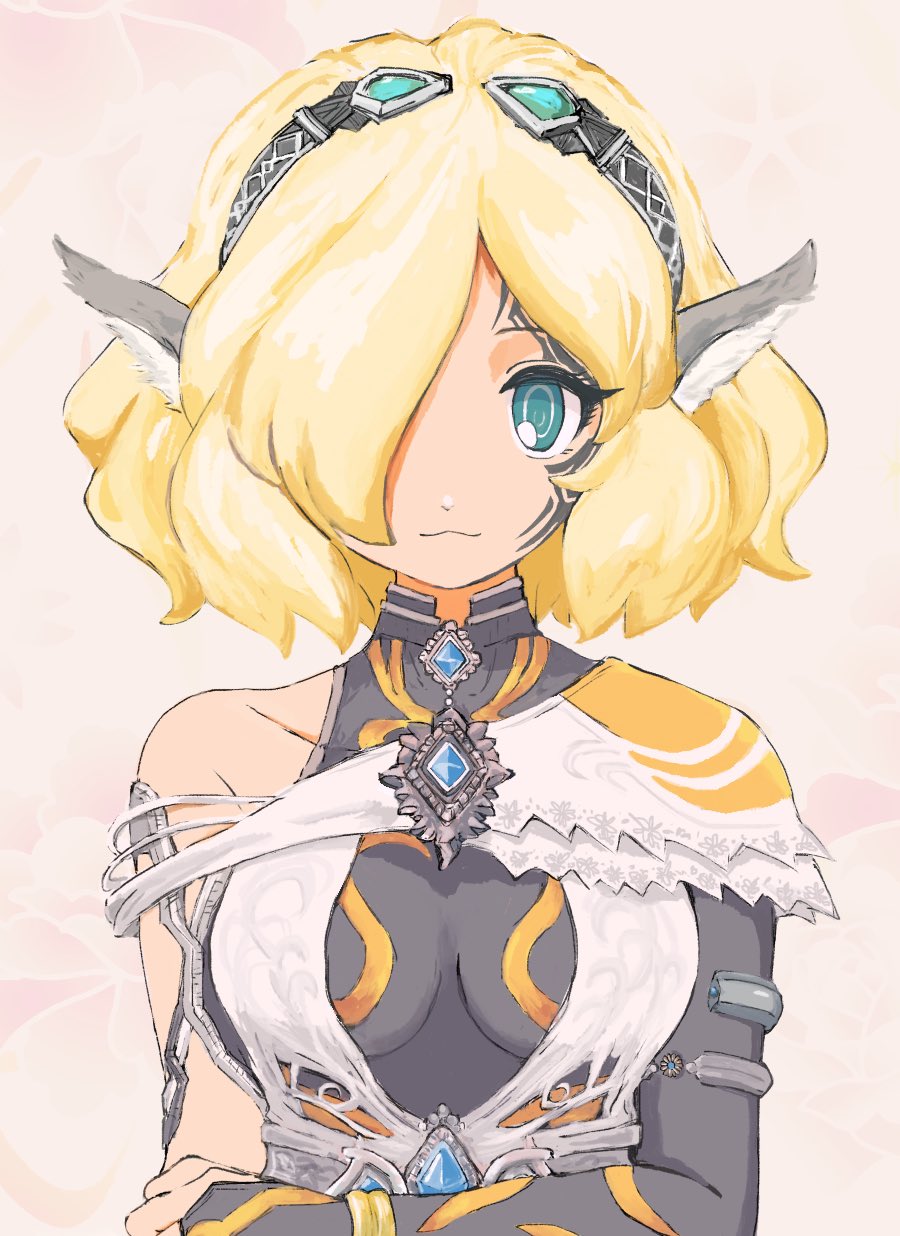 1girl, animal_ear_fluff, animal_ears, aqua_eyes, bad_id, bad_twitter_id, blonde_hair, breasts, celica_(xenoblade_x), closed_mouth, collarbone, crossed_arms, hair_over_one_eye, highres, kokkou_1, looking_at_viewer, medium_breasts, medium_hair, single_bare_shoulder, smile, solo, straight-on, upper_body, white_background, xenoblade_chronicles_(series), xenoblade_chronicles_x