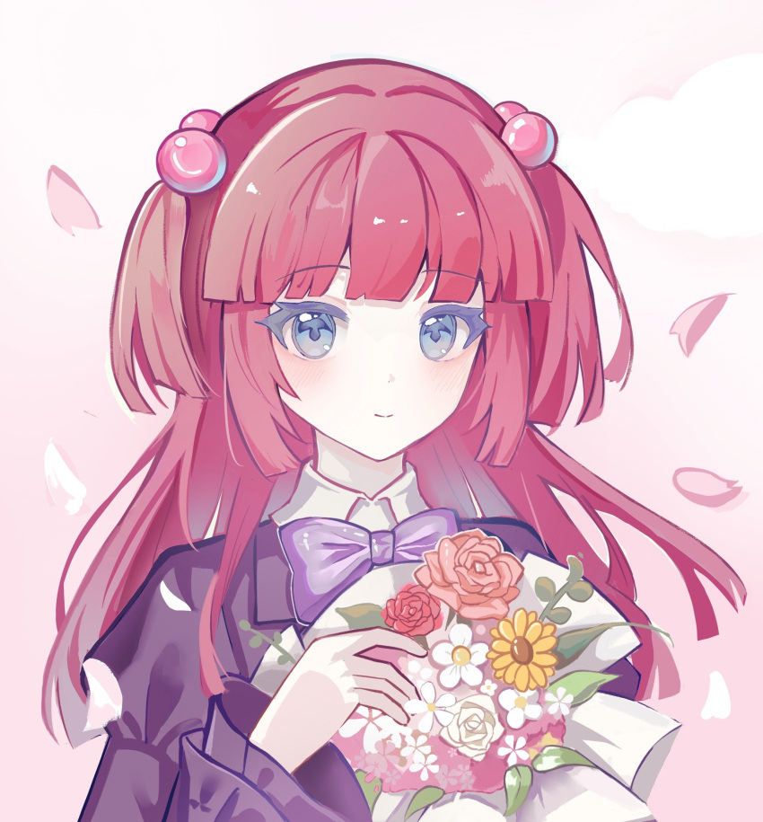 1girl, ameko0617, blue_eyes, blunt_ends, bouquet, bow, bowtie, closed_mouth, falling_petals, flower, highres, long_hair, looking_at_viewer, petals, pink_flower, pink_petals, pink_rose, purple_bow, purple_bowtie, red_flower, red_hair, red_rose, rose, smile, solo, standing, two_side_up, umineko_no_naku_koro_ni, upper_body, ushiromiya_ange, white_background, white_flower, yellow_flower