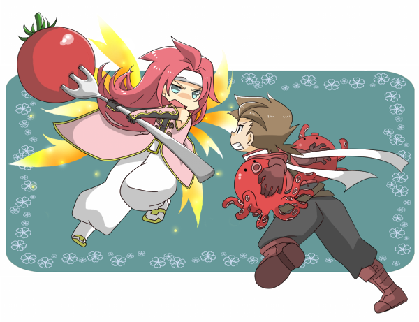 boots, brown_hair, chibi, coat, fighting, fork, gloves, green_eyes