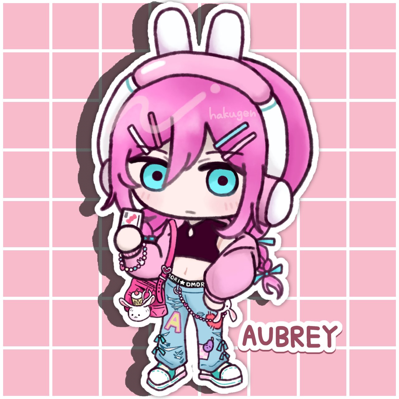 1girl, animal_ear_headphones, animal_ears, artist_name, aubrey_(birthday)_(omori), aubrey_(faraway)_(omori), aubrey_(omori), bag