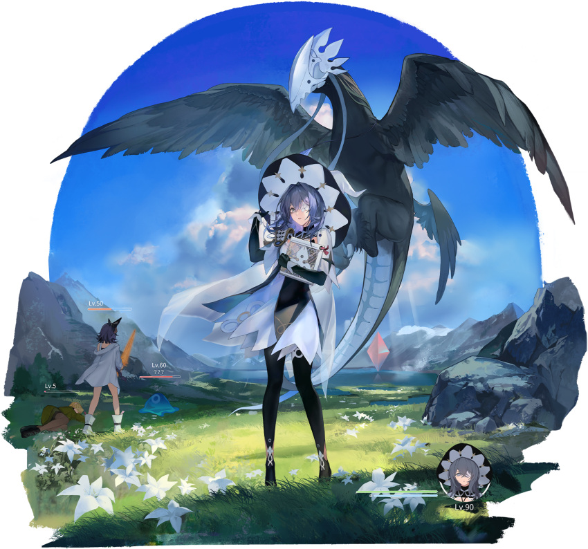 3girls, artist_request, black_pantyhose, black_shoes, blonde_hair, blue_eyes, blue_hair, blue_sky, book, capelet, clouds, dragon, emp_(path_to_nowhere), flower, flower_over_eye, gem, glowing, glowing_sword, glowing_weapon, grass, green_hoodie, hat, health_bar, hecate_(path_to_nowhere), highres, holding, holding_book, holding_down_headwear, holding_sword, holding_weapon, hood, hoodie, lake, lily_(flower), mess_(path_to_nowhere), mountain, mountainous_horizon, multiple_girls, nature, official_alternate_costume, official_art, outdoors, pantyhose, path_to_nowhere, red_gem, rock, shoes, sky, slime_(creature), sword, tail, tree, water, weapon, white_capelet, white_flower, white_hat, white_hoodie, white_lily, white_shoes, witch_hat