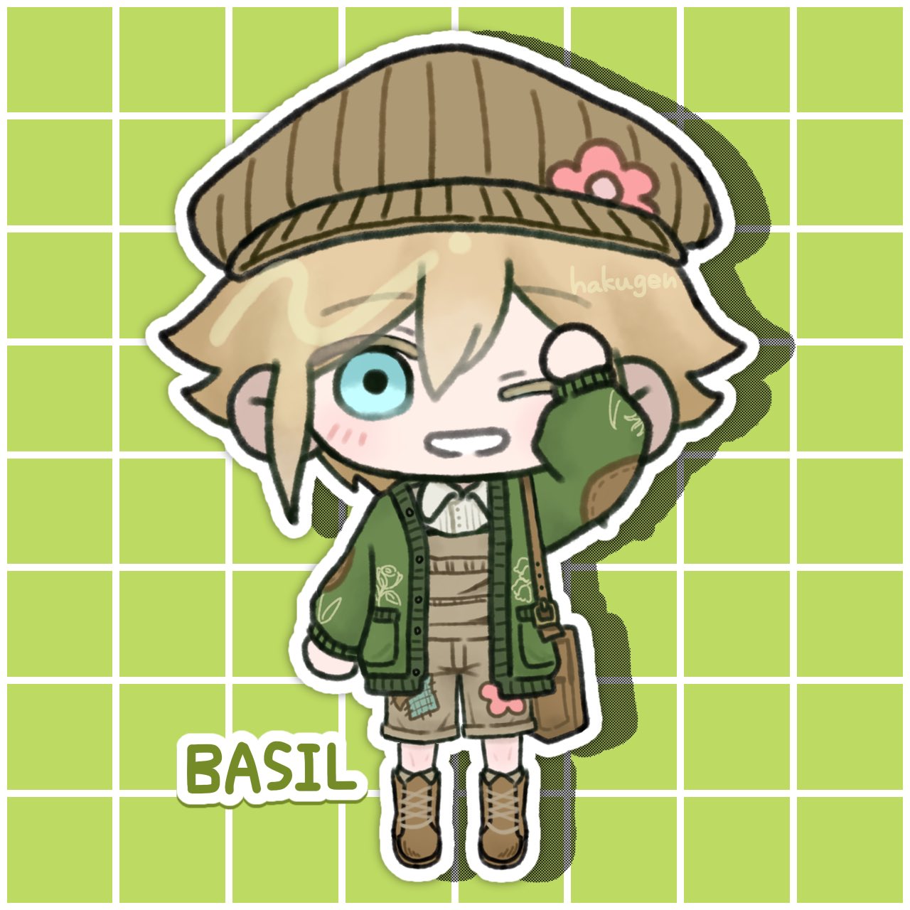1boy, arm_up, artist_name, basil_(birthday)_(omori), basil_(faraway)_(omori), basil_(omori), blonde_hair, blue_eyes