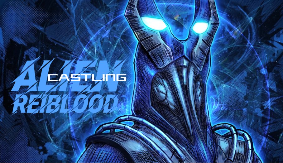 1boy, alien, armor, artist_name, blue_background, blue_eyes, blue_skin, blue_theme, castlings, character_name, chest_guard, colored_skin, commentary, english_text, giant, giant_male, glowing, glowing_eyes, horns, looking_at_viewer, male_focus, multicolored_skin, no_pupils, reiblood_seijin, shoulder_armor, silver_skin, solo, splatter_background, tokusatsu, two-tone_skin, ultra_galaxy_(series), ultra_galaxy_mega_dai-kaijuu_battle, ultra_series, untranslatable_commentary, upper_body