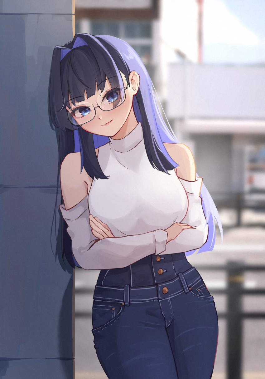 1girl, black_hair, blue_eyes, blue_hair, blurry, blurry_background, breasts, colored_inner_hair, crossed_arms, day, denim, english_commentary, glasses, hair_intakes, high-waist_pants, highres, hololive, hololive_english, iennie, jeans, large_breasts, long_hair, looking_at_viewer, multicolored_hair, ouro_kronii, ouro_kronii_(casual), outdoors, pants, solo, sweater, sweater_tucked_in, virtual_youtuber, white_sweater
