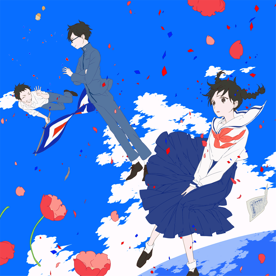 falling, flag, glasses, grin, kazama_shun, kokurikozaka_kara, komatsuzaki_umi, kunkun_(ysg)