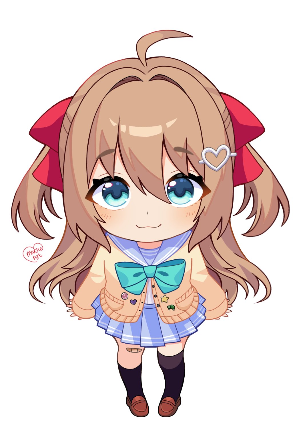 1girl, :3, ahoge, aqua_bow, aqua_bowtie, asymmetrical_legwear, bandaid, bandaid_on_knee